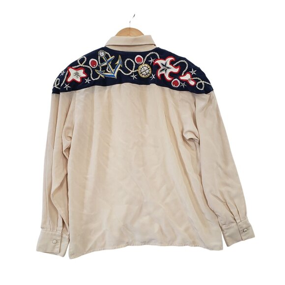 Vintage Cedars Western Silk Blouse Embroidered Leather Patches Size 8 Glam Rodeo - Picture 2 of 6